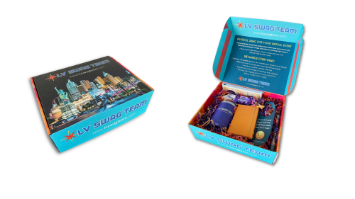 We designed this colorful LV Swag Team self-promo box to send out to our customers at the start of Covid to show them what we could do to help them stay in touch with their employees and customers during this difficult period. Our "work from home" box contained a beautiful stainless-steel mug, a faux leather journal and pen,  a premium microfiber and micro terry double sided screen cloth, a novelty desktop mini cornhole game, a whimsical double sided door hanger and a couple of delicious brownies. The program was a huge success that resulted in hundreds of orders which we drop-shipped directly to the recipient's homes for our customers.
